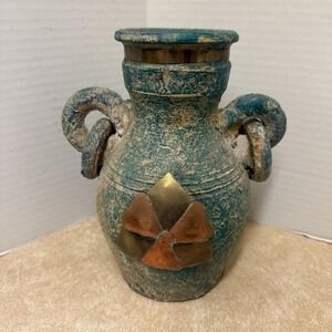 Vintage Blue-Green Textured Amphora Vase w/ Ring Handles & Copper Accents